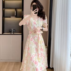 TEMU 여성 플로럴 롱원피스 반팔 퍼프소매 잔꽃 라운드넥 허리리본 스트랩 A라인 체형커버 날씬해보이는 하객룩 데이트룩 바캉스룩 꾸안꾸 빈티지 러블리 옐로우