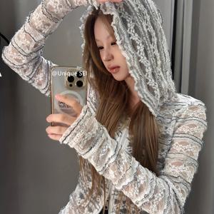 TEMU 여성 레이스 후드 집업 가디건 시스루 프릴 슬림핏 힙한 Y2K 페스티벌룩 데이트룩 꾸안꾸 체형커버 가벼운 여름 긴팔 아우터 화이트