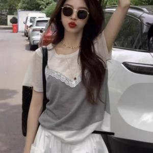 TEMU 여성 여름용 회색 레이스 스플라이싱 멜빵 투피스 양면 소매 반팔 티셔츠, 대형 좋은 디자인 탑