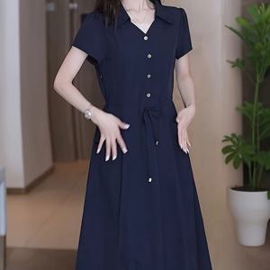 TEMU 여성 반팔 셔츠원피스 카라 롱원피스 허리스트링 A라인 체형커버 날씬해보이는 미시룩 오피스룩 출근룩 등원룩 여름 심플 데일리 네이비