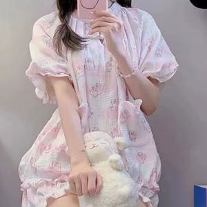 TEMU 여성용 만화 구름 토끼 잠옷 봄, 여름, 가을 신상 루즈핏 반팔 반바지 귀여운 홈웨어
