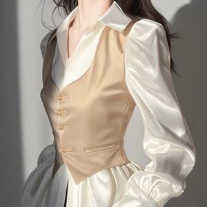 TEMU 여성 페미닌 레이어드 블라우스 셔츠 조끼 가짜두피스 퍼프소매 벌룬 슬림핏 빈티지 로맨틱 하객룩 데이트룩 오피스룩 실크라이크 사틴