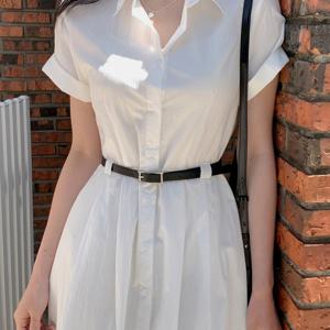 여름 프렌치 템퍼먼트 레트로 라펠 싱글 브레스트드 허리벨트 심플 셔츠 스커트 드레스 3200161
