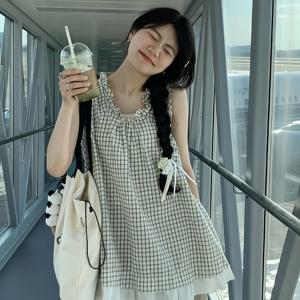 TEMU 여성 체크 나시 민소매 블라우스 빈티지 프릴 레이스 넥 A라인 루즈핏 체형커버 시원한 여름 상의 러블리 바캉스룩 데이트룩 꾸안꾸