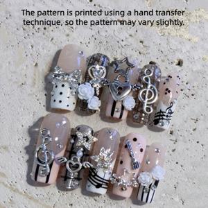 TEMU 10개 긴 핑크색 3D 하트 모양 음표 동백 꽃 리본 라인스톤 프레스온 인조 손톱. 데일리 Y2K 스위트 & 쿨 뮤직 페스티벌 스타일. 탈부착 가능한 직사각형 네일, 졸업 시즌 선물로 적합