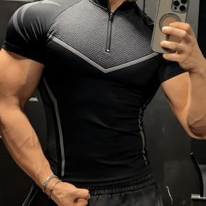 TEMU 남성용 신상 패션 프린트 캐주얼 스포츠 슬림핏 반팔 폴로 셔츠, 독특한 모크넥 및 하프 지퍼 디자인|짐웨어