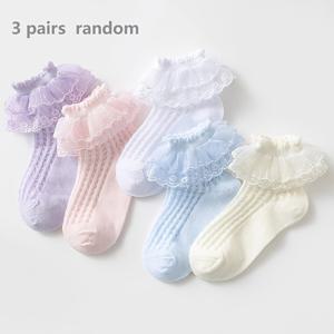 TEMU 어린이 양말 3켤레 랜덤 세트, 이중 레이스 양말, 메쉬 양말, 귀 모양 레이스 양말, 중목양말, 아기양말
