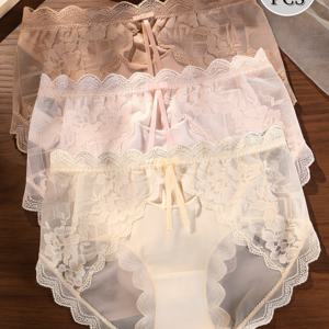 TEMU 섹시한 레이스 패치워크 프렌치 스타일 퓨어 디자이어 여성 팬티 3개 세트, 우아하고 편안하며 통기성 좋고 가벼운 속옷, 우아한 리본 팬티, 얇은 메쉬의 매혹적인 팬티, 사계절용, 데일리웨어 및 데이트용 속옷