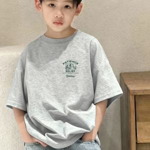 TEMU 남아용 오버사이즈 반팔 티셔츠, 중고학년용 - 루즈핏 라운드넥 여름 셔츠, 은은한 아플리케 패치, 기계 세탁 가능한 스트레치 원단, 캐주얼 의류용 편안한 상의 (그레이)