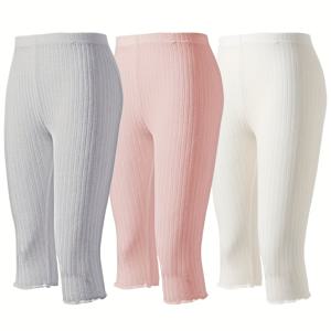 TEMU 3pcs 여아 카프리 팬츠 세트, 가볍고 시원한 여름 아기 바지, 신축성 있고 통기성 좋은 레이스 디자인, 여아용 캐주얼 의류, 미디 기장 의류, 유아용 메쉬 팬츠, 흰색, 분홍색, 회색 아동 레깅스