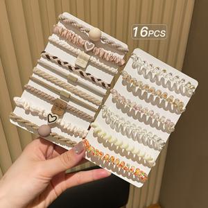 TEMU 16개 세트 어스톤 장식 헤어 타이, 고탄력 두꺼운 심리스 나일론 헤어 로프 내부 코어, 로프 외층, 패브릭 플리츠 패브릭; 장식 추가 품목으로 프로스트 레진, 나무 태그, 아크릴 비즈, 하트 모양 합금 포함