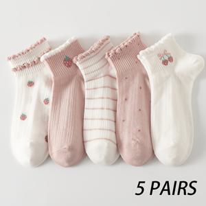TEMU 봄/여름 여성용 핑크 버블 버블 숏삭스 5켤레, 캐주얼 및 파티 의상에 어울리는 귀여운 숏삭스, 데일리용으로 편안하고 사랑스러운 디자인