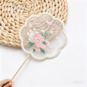 TEMU 여성용 전통 중국식 모란꽃 자수 부채 - 치파오 손잡이가 달린 수제 꽃잎 원형 손풍扇, 빈티지 궁궐풍 부채, 결혼식 코스프레, 문화 행사 및 역사 사진 촬영용