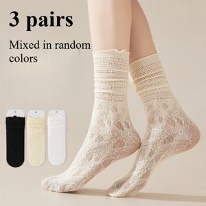 TEMU 순수한 욕망 레이스 커프스 양말 여성용 랜덤 3켤레 혼합팩, 봄/여름용 얇은 메쉬 통기성 발레 스타일 JK 교복용 중목 양말