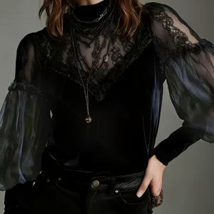 TEMU 빈티지 블랙 벨벳 레이스 패치워크 랜턴 슬리브 셔츠, 스타일리시하고 우아한 빈티지 긴팔 셔츠, 통근, 캐주얼 휴가, 여행, 축제 및 특별한 날에 적합