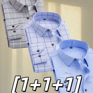 TEMU [1+1+1] 남성용 긴팔 정장 셔츠 3종 세트, 누구에게나 어울리는 다재다능하고 스타일리시한 디자인 - 가슴 주머니가 있는 우아한 버튼업 상의, 신축성 없는 원단, 모든 계절에 적합