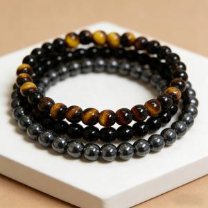 TEMU 6mm 천연석 스트레치 팔찌 3개 세트 (호랑이 눈, 산화철, 흑연) 다양한 재질, 용기, 오래生き고 건강한 생명, 강력한 보호, 비즈 스트레치 팔찌, 삼중 보호 수제 팔찌 선물, 긍정적인 효과