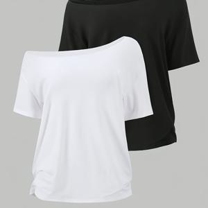 TEMU 2개 세트 다용도 여성 캐주얼 오프숄더 반팔 티셔츠 - 단색 루즈핏 탑, 통기성 좋은 캐주얼 티, 편안하고 모든 옷과 잘 어울림, 봄 여름 데일리 웨어, 여성 티셔츠