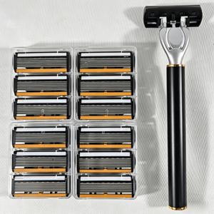 TEMU 럭셔리 남성용 6날 스테인리스 스틸 면도기 키트, 블랙 6중 레이어 수동 면도기, 메탈 핸들 면도날 헤드, 남녀공용 내구성 및 정밀도 면도기, 인체공학적 핸들 - 초예리한 면도날, 가정 및 여행용