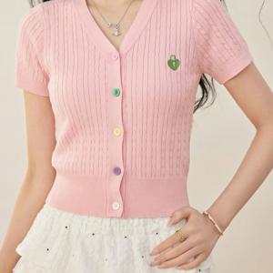 TEMU 러브 자수 반팔 가디건 여름 디자인 속이 빈 티셔츠 레트로 스몰 탑 (한국 버전)