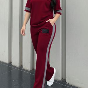 TEMU 여성용 새로운 엘레강스 캐주얼 라운드넥 반팔 컬러 블록 패치워크 편안한 티셔츠와 캐주얼하고 편안한 긴 바지 2피스 세트 LLDX