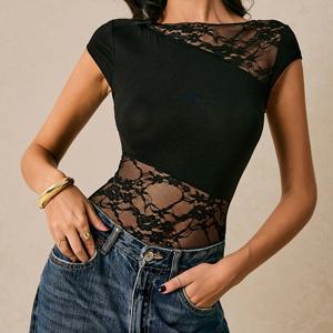 TEMU 여성용 우아한 레이스 블라우스 상의, 대각선 시스루 스플라이스 넥라인 & 허리 패널 - 데일리웨어, 데이트, 파티에 적합한 반소매 스트레치 블라우스, 기계 세탁 가능 여름 의상, 레이어링용 단색 베이스