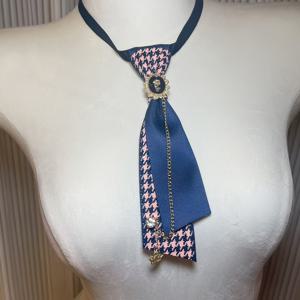 TEMU 빈티지 격자무늬 스몰넥타이와 라인스톤 체인 보타이, 다양한 색상 선택 가능