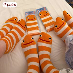 4켤레 남녀공용 매칭 크루 삭스, 오렌지색과 흰색 스트라이프의 웃는 얼굴, 일본 스타일, 사계절 캐주얼 다용도 양말, 랜덤 모음
