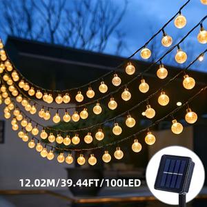 TEMU 태양광 야외용 조명 끈 5.02m/16.47ft/20LED, 7.02m/23.03ft/50LED, 12.02m/39.44ft/100LED 웜화이트 수정구슬 조명 끈, IP44 보호등급, 8가지 조명 모드, 캠핑 텐트 주변 조명 끈, 정원 나무, 테라스, 결혼식용
