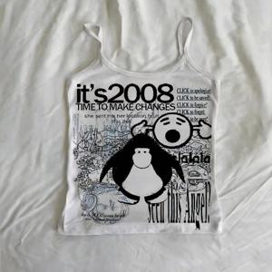 TEMU Y2K 레트로 컴백 2008 노스텔지아 만화 펭귄 프린트 화이트 캐미솔 탑, 스파이시 숏 인너 레이어 아우터 웨어 재미있는 텍스트 니치 트렌디 브랜드 탑, 부자 스타일