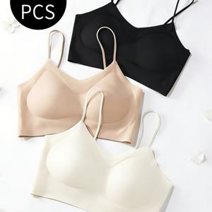 TEMU 여성용 속옷 3개 세트, 얇고 통기성 좋으며 편안하고 심리스, 철제 링 없음, 얇은 어깨끈, 고정형 컵, 모음형, 단색 내부 브라