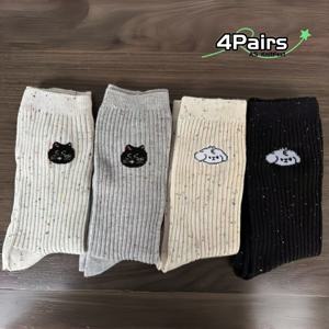TEMU 귀여운 고양이와 강아지 패턴이 있는 여성용 미드-카프 양말 4켤레, 트렌디한 한국 스타일의 도트 얀 여성 양말, 다용도 데일리 미드-카프 양말, 필수템으로 떠오르는 인싸템, 이상적인 선물