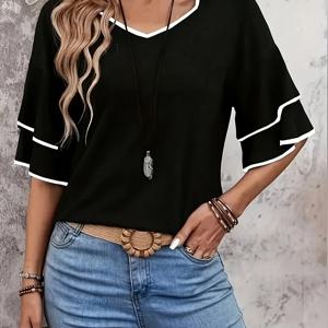 TEMU 여성용 러플 반팔 블라우스 셔츠 - 단색 라운드 넥 탑, 러플 트림 칼라 및 짧은 소매, 기계 세탁 가능, 신축성 없음, 휴가, 비치웨어, 캐주얼 및 평상복에 적합