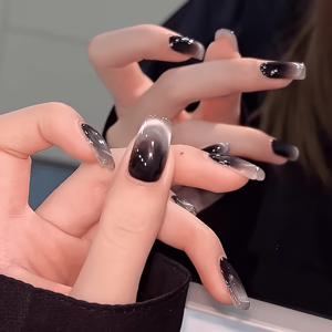 TEMU 24개입 누르는 타입 인조네일, 블랙 스마일링 캣아이 프렌치 스타일 네일, 활용도 높은 숏 스위트쿨 스타일 인조네일 스티커, 스위트 앤 쿨 풀커버 인조손톱, 여성용