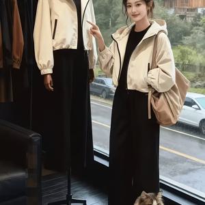 TEMU 여성용 후드 자켓, 2026년 봄/가을 신상 스타일, 숏 작업복 재킷 탑, 소격아용 캐주얼하고 활용도 높은 자켓