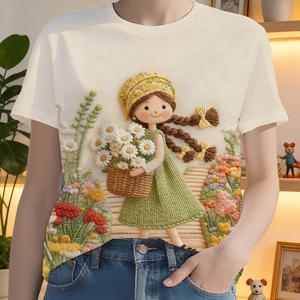 TEMU [프린트 E디자인 – 텍스처 아님] 원피스 라운드넥 여성용 반팔 프린트 티셔츠, 자수된 매력적인 꽃무늬: 꽃 테두리에 달린 데이지 바구니를 든 땋은 장식, 섬세한 질감으로 부드러움, 신선함과 우아함