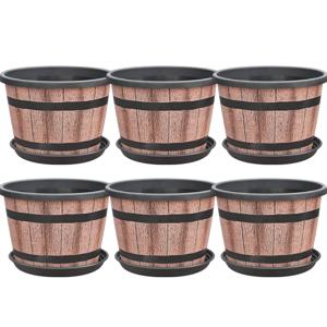 TEMU 12개 세트: 화분 6개 + 받침 6개, 배수구가 있는 위스키 통 모양 화분 세트 - 빈티지 브라운 플라스틱 장식용 화분, 실내/실외 정원 및 관엽식물용 - 내구성 있는 빈티지 스타일 화분 조합 원예 선물, 홈 데코