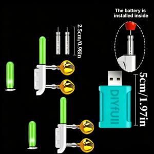 TEMU 5개 세트, 조명 2개, 충전식 배터리 2개, USB 충전기 1개 CR425 배터리 색상 변경형 낚싯대 팁 조명, 낚시용 벨 알람, 낚시용 표시등, 어두운 환경에 적합, 갯가대, 바다대와 함께 사용 가능