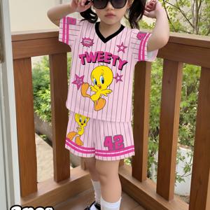 TEMU 트위티 여아용 핑크 반팔 티셔츠 & 반바지 세트, 워너 컷트 트위티 아이렛 여아 세트, 2pcs, V넥, 스포츠, 야외 활동 및 일상복에 적합, 통기성, 컬러 블록 디자인, 12~14세 여아용 의류, 야외용
