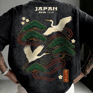 TEMU 아메리칸 스포티 스타일 트렌디한 남성용 일본풍 내셔널 시크 프린팅 반팔 셔츠, 디스트레스드 워싱 마감 + 정교한 학과 소나무 패턴, シャリ감 있는 주름 방지 및 내마모성 원단, 슬림핏 어깨선을 강조하는 디자인, 아웃도어 피트니스, 데일리 출퇴근, 스트리트웨어 레이어링에 적합, 아메리칸 빈티지 스타일