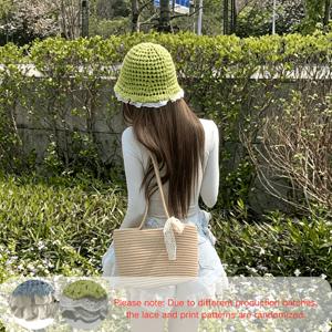 TEMU 코바늘 뜨개질 여름 캐주얼 모자, 통기성 좋은 경량 비치 모자, 속이 빈 버킷 모자, 랜덤 레이스 및 프린트 패턴의 레이스 브림, 접이식 귀여운 모자, 수영장, 정원 가꾸기, 해변, 결혼식, 사진 촬영 등 야외 활동에 적합