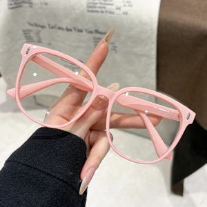 TEMU 여성용 라운드 프레임 안경 1쌍, 핑크, 대학생 스타일, 귀여운 비안경, 오버사이즈 프레임, 데일리 액세서리