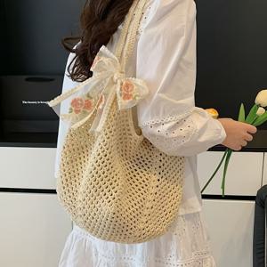 TEMU 여성 토트백, 여성 코바늘 뜨개질 토트백 및 리본 2pcs 세트, 대용량 속이 빈 직조 쇼핑백 토트백 고정 숄더 스트랩 안감 없는 여행 데일리 사용