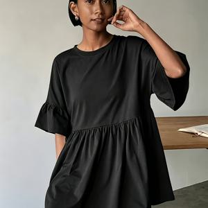 TEMU 여름 신상 블랙 베이비돌 셔츠, 연꽃잎 소매로 피부를 덮고 연약하고 젊어 보이는 루즈핏 나이 감추는 프렌치 탑 라운드넥 티셔츠
