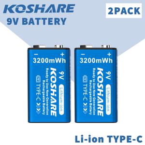 TEMU KOSHARE 9V 3200Mwh 충전식 리튬 배터리 2개입, Type-C 충전 포트 포함, 안정적인 전압, 오래 지속되고 내구성이 뛰어남, 다기능, 전기 기타 및 무전기 겸용