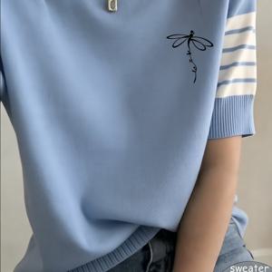 봄/여름: 새로운 디자인 에디션, 이른 봄 의상의 정점! 트렌디한 프린트 패턴의 여성용 패셔너블한 새로운 라운드넥 반팔 스웨터, 부드럽지만 우아함
