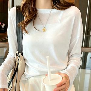 TEMU 여성용 시스루 핏 티셔츠, 레이지 스타일, 얇은 긴팔, 루즈핏 에어컨 상의