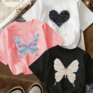 TEMU 3pcs 여아용 신상 패셔너블 라운드넥 반팔 티셔츠 세트, 여름 스타일링 스팽글 
