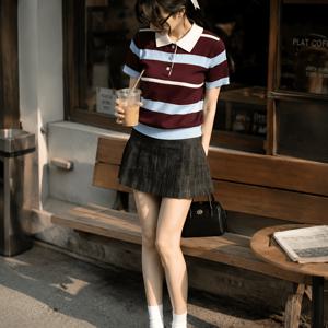 여성용 엘레강스 컬러 블록 폴로 넥 상의, 반팔 슬림핏 크롭 풀오버, 프레피 스타일 캐주얼 출퇴근복, 봄 여름 활용도 높은 티셔츠