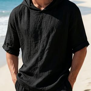 TEMU 남성 린넨 후드 반팔 티셔츠, 캐주얼 루즈핏 가벼운 여름 스웨트셔츠, 통기성 좋은 풀오버 데일리 웨어, 화이트/블랙/네이비 블루/스카이 블루/배라드/카키, 해변 휴가에 적합